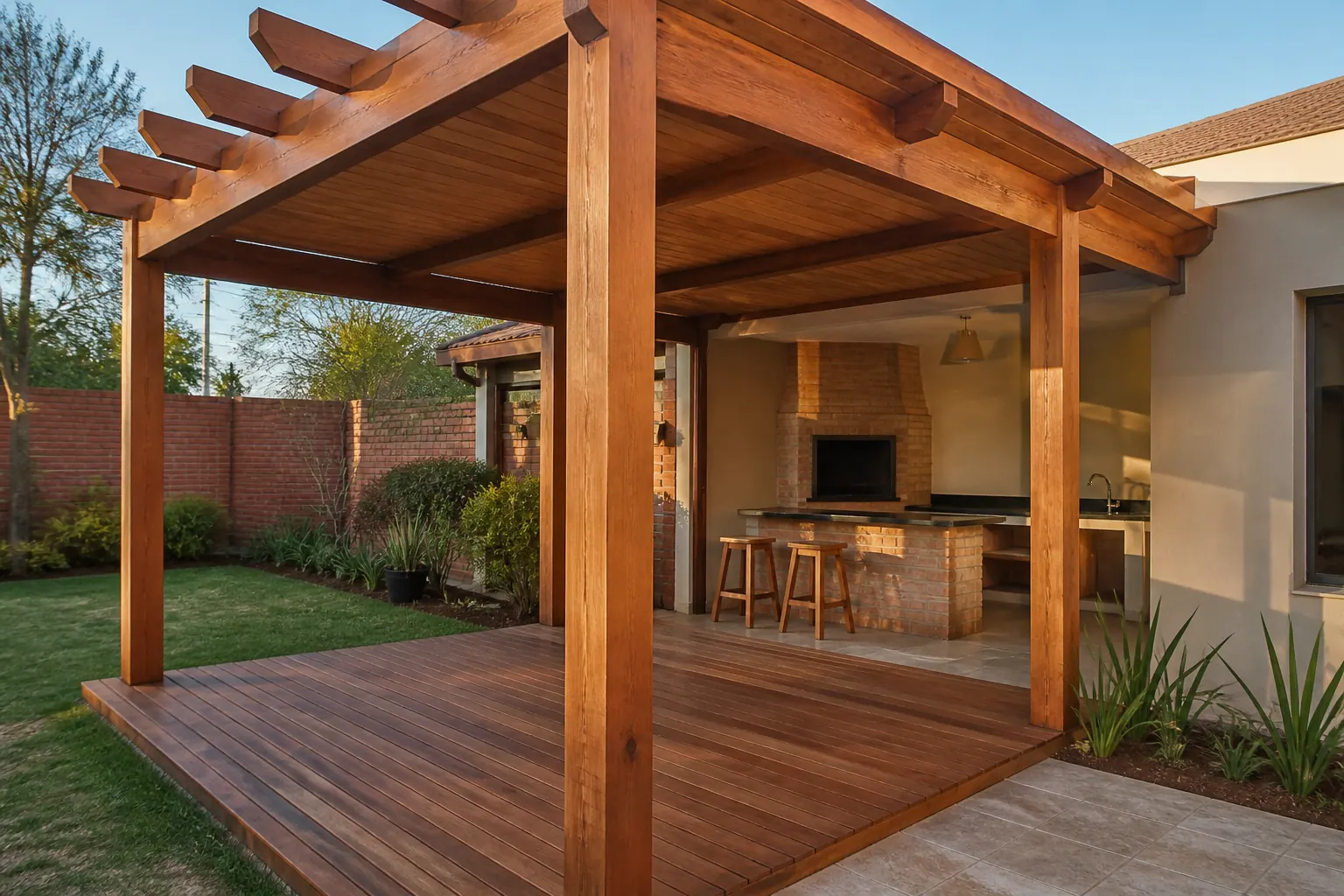 Referencia ilustrativa de machimbre visible bajo pérgola de madera